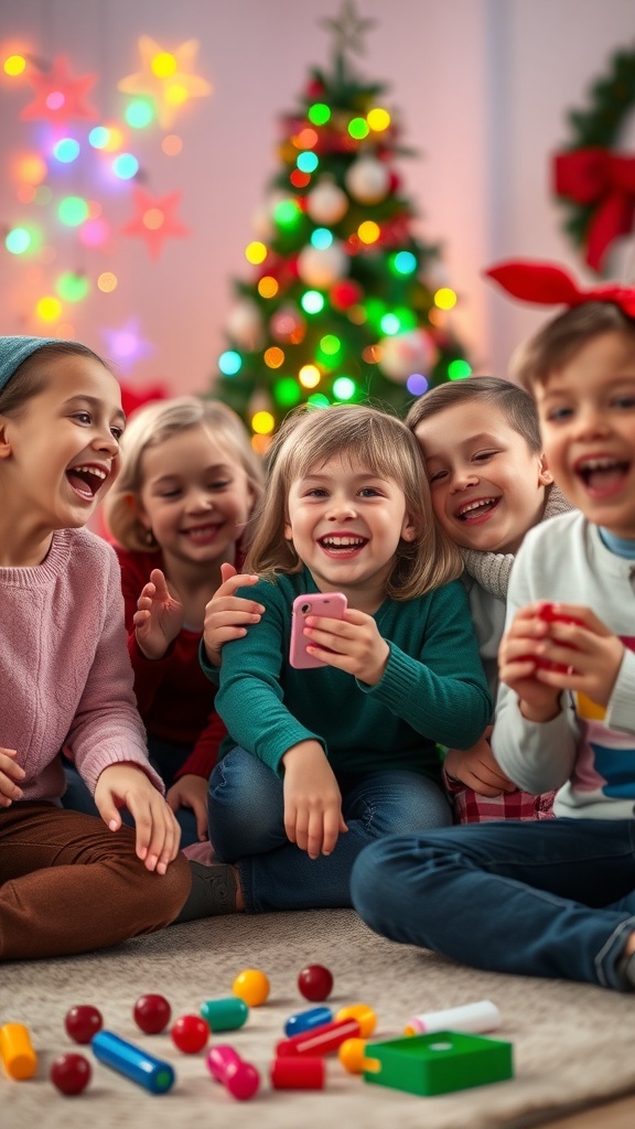 Children playing Christmas games with decorations and a Christmas tree in the background.